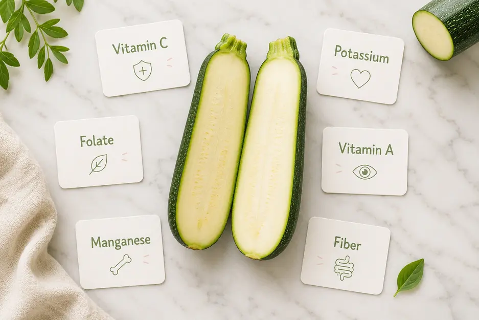 "Educational flat lay showing a halved fresh zucchini with dark green skin and pale interior, surrounded by nutrient cards labeled Vitamin C, Potassium, Folate, Vitamin A, Manganese, and Fiber on a white marble background."