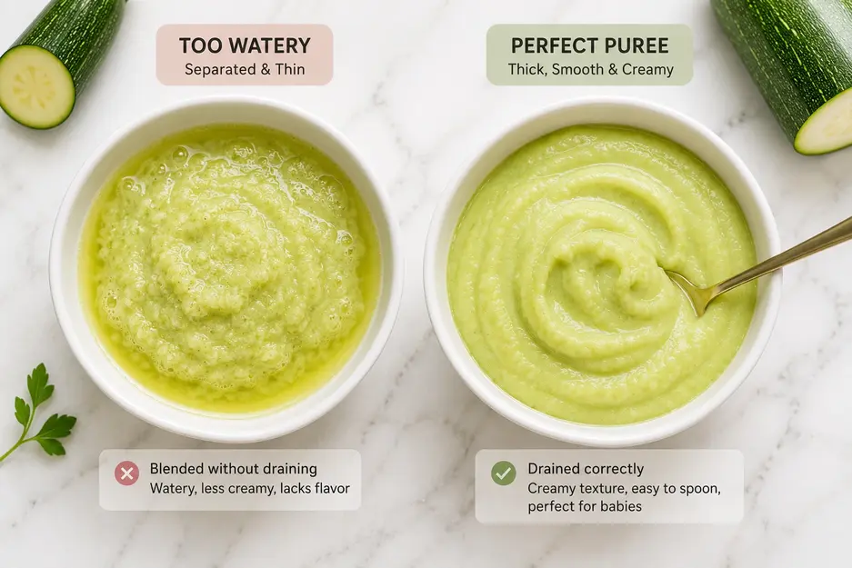 "Side-by-side comparison of homemade zucchini puree for baby showing a thin, watery puree with liquid separation next to a thick, smooth, creamy zucchini puree in white bowls on a white marble background."