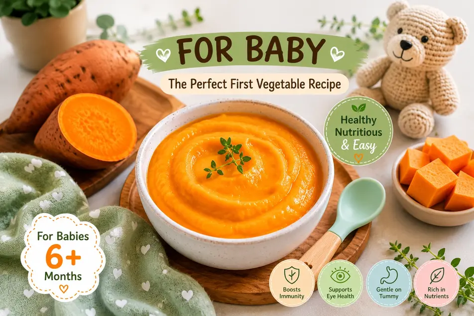 Sweet potato puree for baby in a ceramic bowl with fresh sweet potatoes and baby spoon, healthy homemade first food recipe.