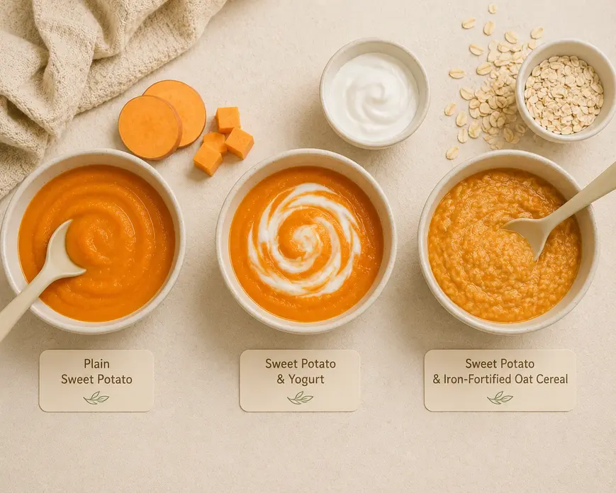 Three ways to serve sweet potato puree for baby: plain, mixed with yogurt, or combined with iron-fortified oat cereal for nutrition.