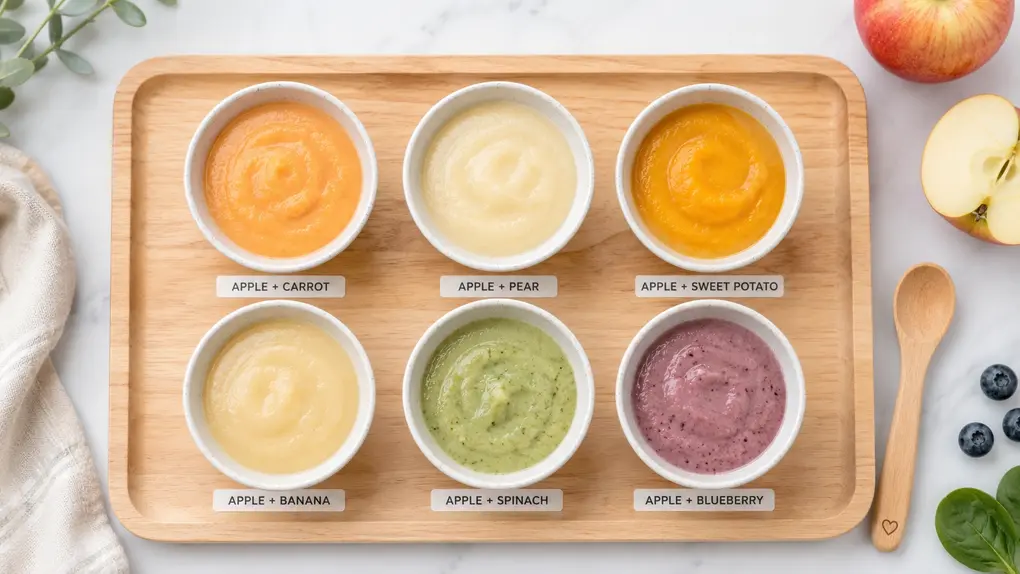 Six apple puree combinations in small bowls on a wooden tray: apple carrot, pear, sweet potato, banana, spinach and blueberry.