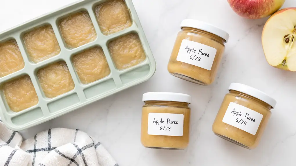 Apple puree storage setup with puree in a silicone ice cube tray and three labeled glass jars on a white countertop.