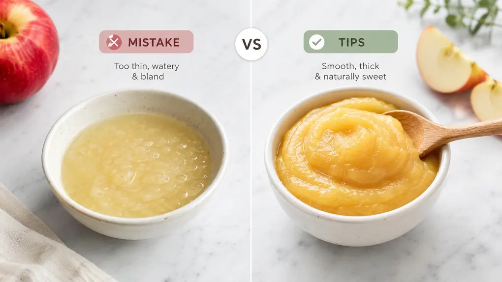Split image showing watery, bland apple puree as a mistake on the left and smooth, thick apple puree as the best result on the right.