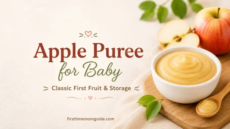 Apple puree for baby feature image with smooth puree in a white bowl, fresh apples, and firsttimemomguide.com branding.