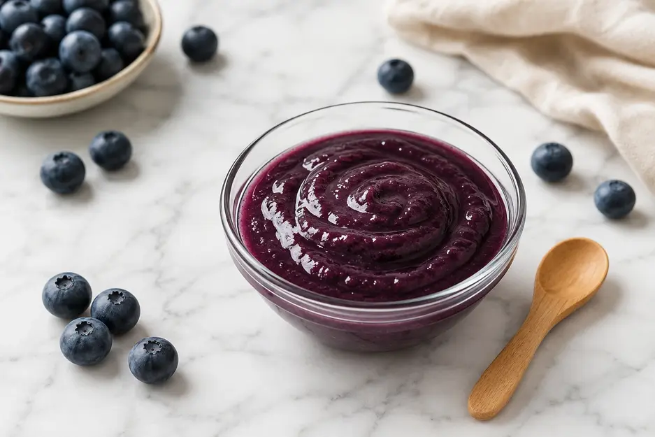 Smooth homemade blueberry puree in a glass bowl with fresh blueberries and a wooden spoon on white marble.