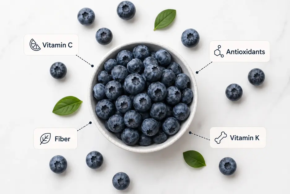 Fresh blueberries with labels for Vitamin C, antioxidants, fiber, and Vitamin K in a clean nutrition infographic.
