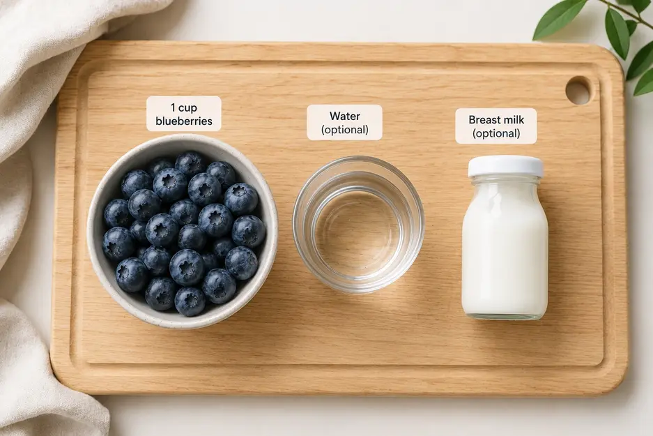 Fresh blueberries, a glass of water, and optional breast milk arranged on a wooden board for baby puree ingredients.