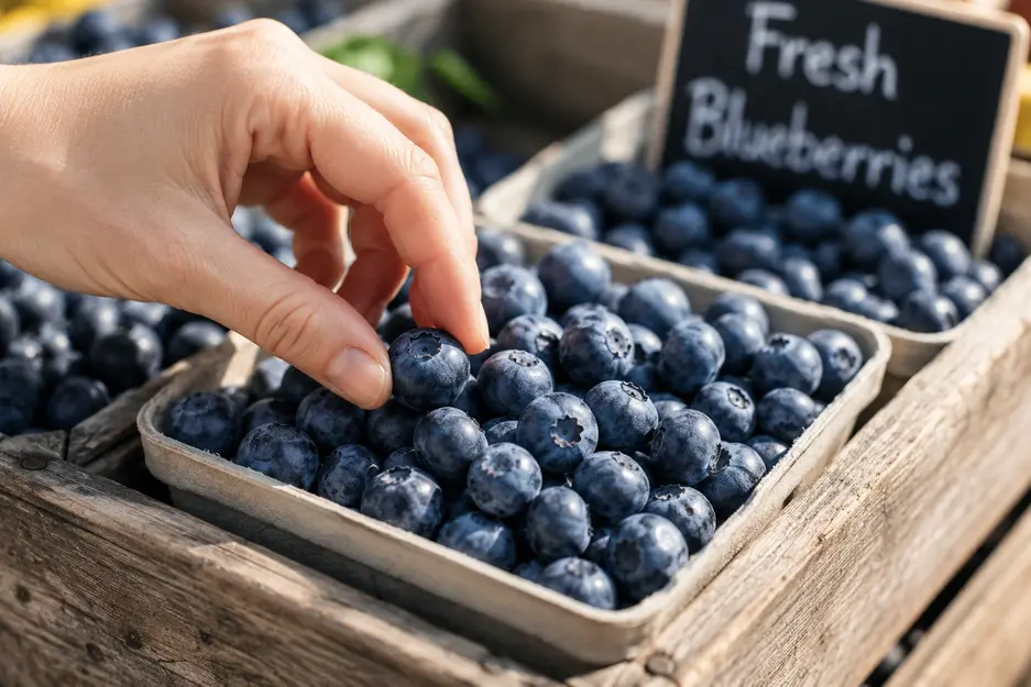 Hand selecting ripe blueberries from a rustic farmers market basket with deep blue berries in natural daylight.