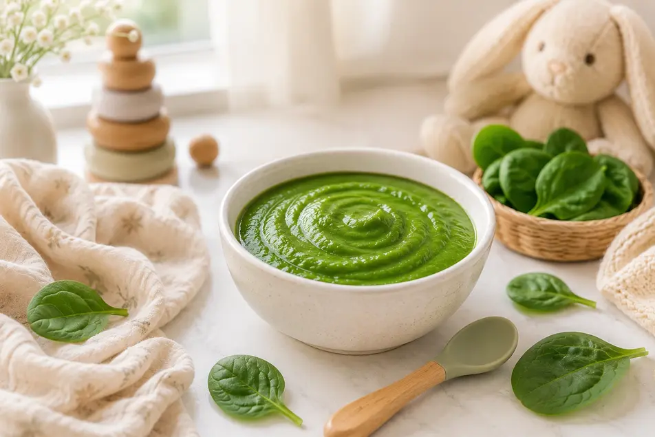 Spinach puree for baby in a white ceramic bowl with fresh spinach leaves and a baby spoon, healthy homemade first food for babies 6 months and older.