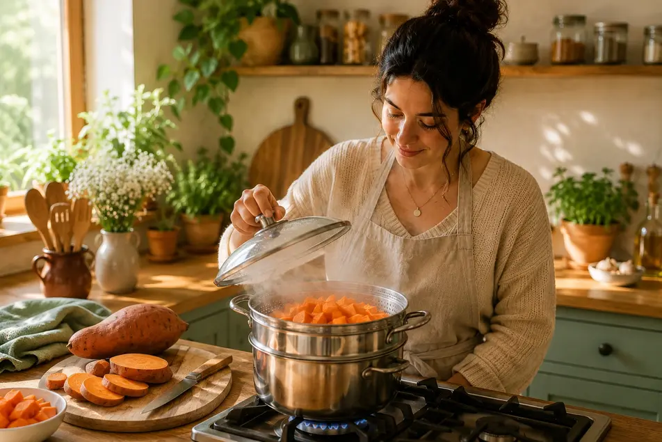 Mother steaming sweet potato chunks in a warm kitchen to prepare homemade sweet potato puree for baby, a healthy first food recipe.