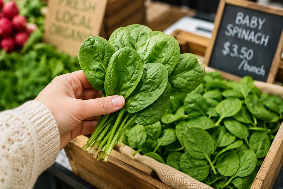 Hand holding fresh baby spinach leaves at a farmers market with wooden crates in the background, selecting organic spinach for homemade spinach puree for baby.