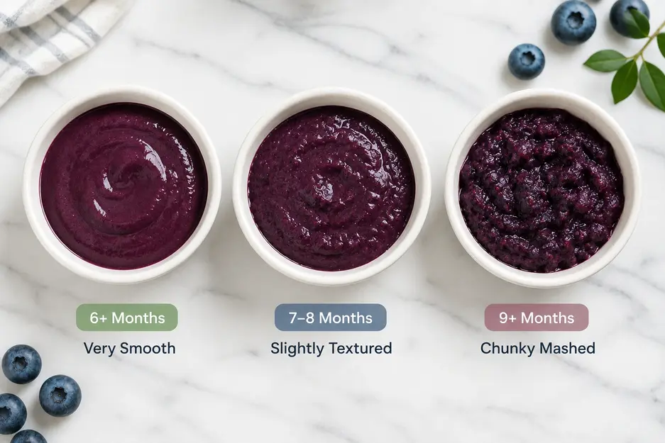 Three bowls showing smooth, textured, and chunky blueberry puree for baby by feeding stage on a marble surface.
