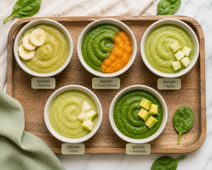 Five homemade spinach puree for baby combinations with banana, sweet potato, apple, pear, and avocado served in ceramic bowls on a wooden tray.