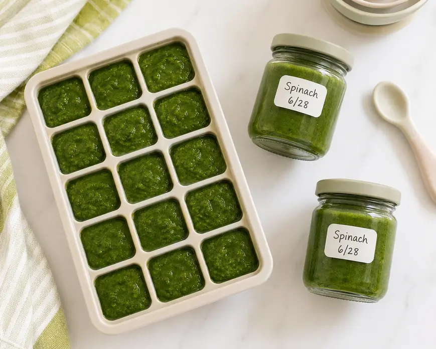 Homemade spinach puree for baby stored in a silicone ice cube tray and labeled glass jars, safe freezer storage for healthy homemade baby food.