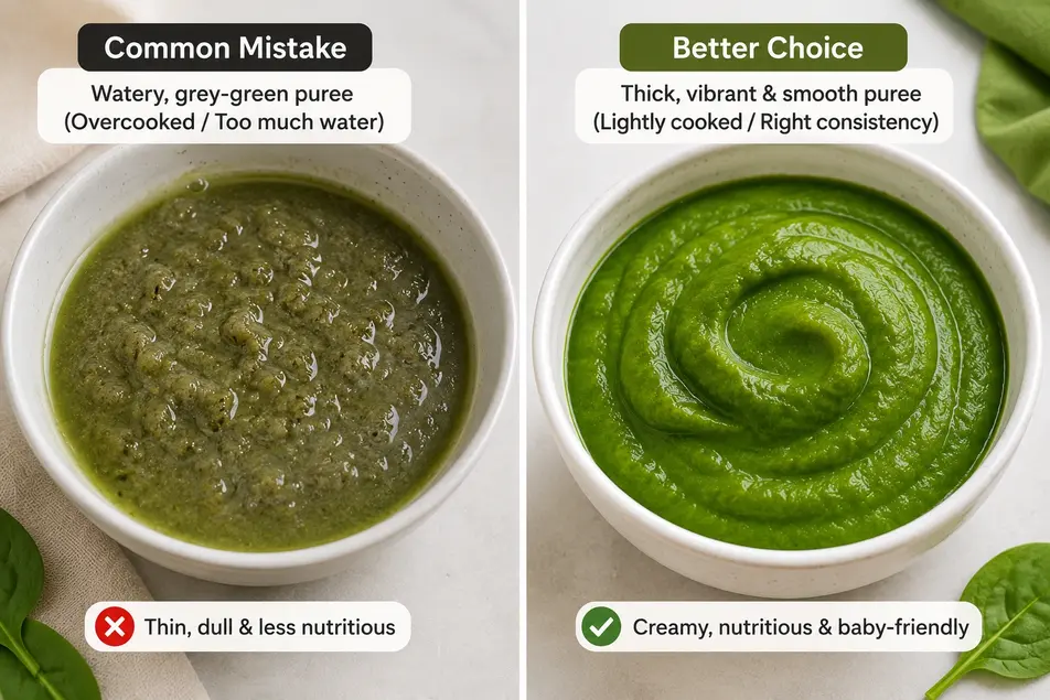 Comparison of watery and smooth spinach puree for baby, showing the difference between improperly prepared and perfectly blended homemade baby food.