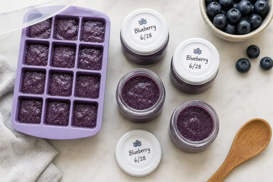 Blueberry puree stored in glass jars and a silicone ice cube tray for easy homemade baby food meal prep and freezing.