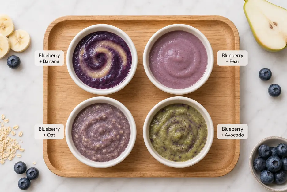Four baby puree combinations with blueberry, banana, pear, oats, and avocado served in ceramic bowls on a wooden tray.