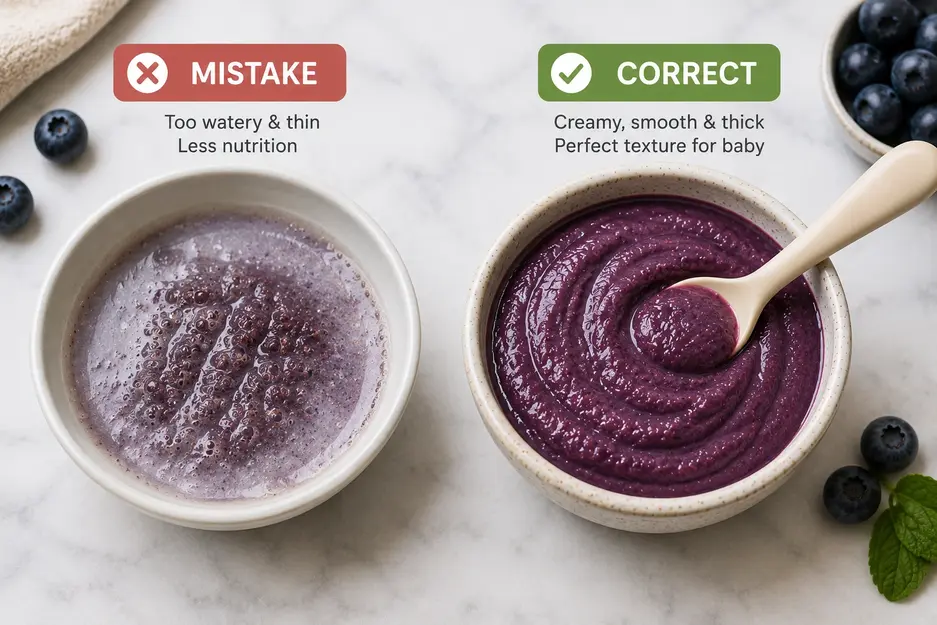 Comparison of watery versus creamy blueberry puree for baby showing the correct texture for safe homemade baby food.