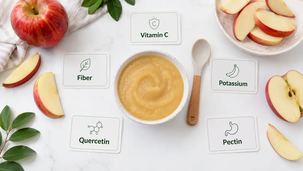 Apple puree nutrition flat lay with apple slices and label cards for Vitamin C, Fiber, Potassium, Quercetin and Pectin.