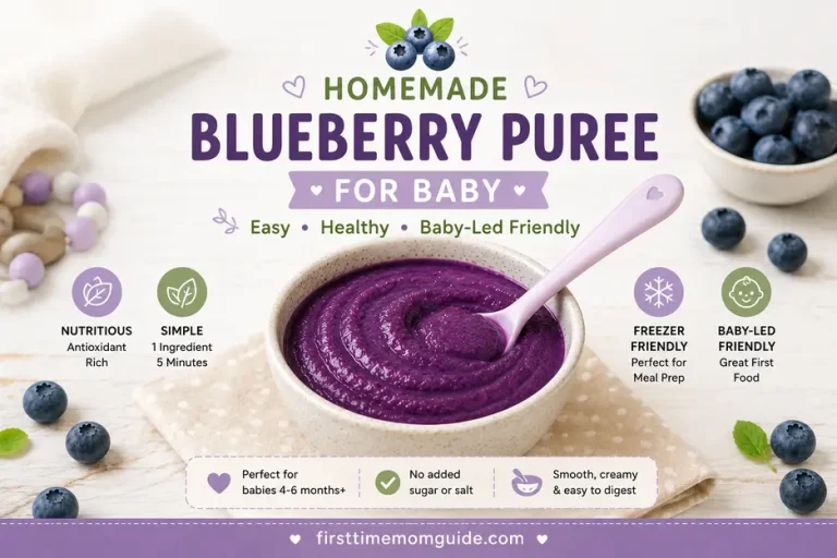 Homemade blueberry puree for baby in a bowl with fresh blueberries, healthy first food recipe, and meal prep guide banner.