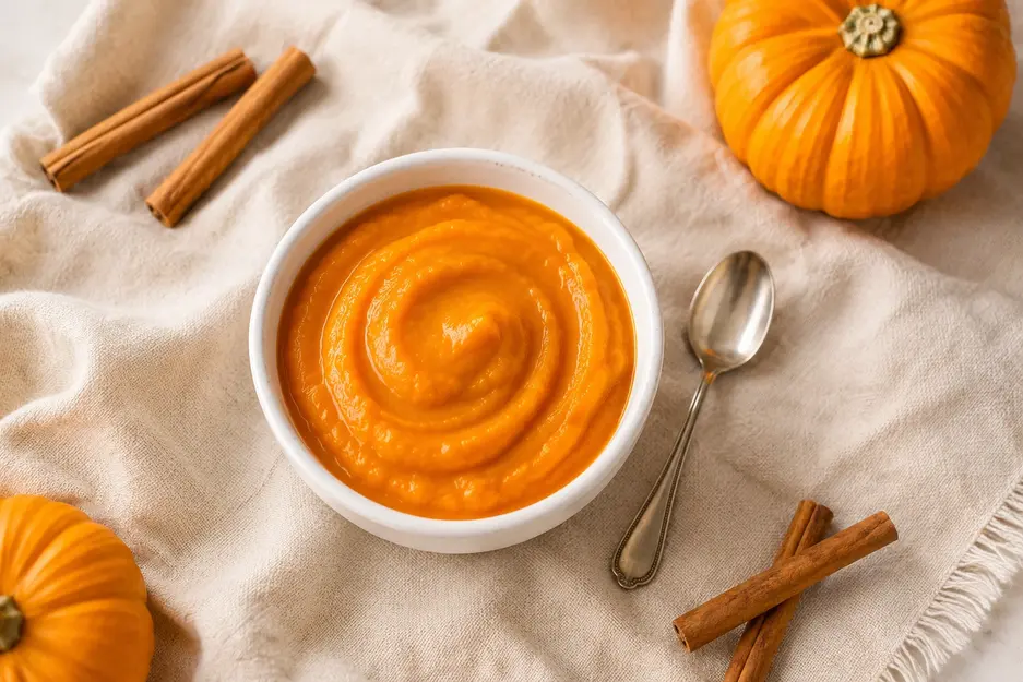 "Overhead flat lay of smooth homemade pumpkin puree for baby in a white ceramic bowl with a silver spoon, sugar pumpkin, and cinnamon sticks on a cream linen cloth in soft natural autumn light."