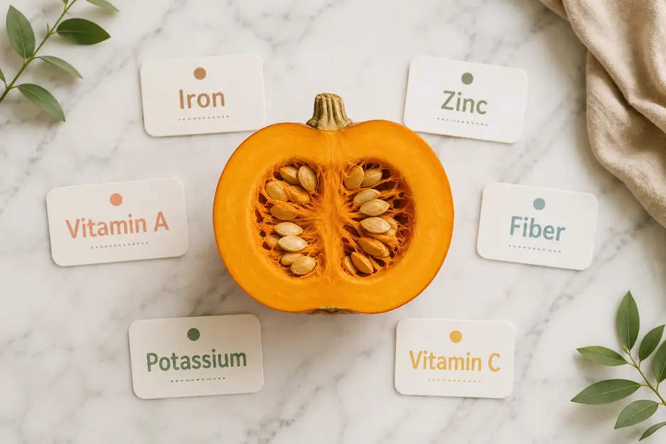 "Pumpkin Puree for Baby nutrition guide showing a halved sugar pumpkin with labels for iron, zinc, vitamin A, fiber, potassium, and vitamin C on a white marble background."