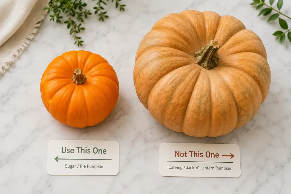 "Pumpkin Puree for Baby comparison showing a sugar pie pumpkin beside a carving pumpkin, highlighting the best pumpkin for homemade baby food on a white marble background."