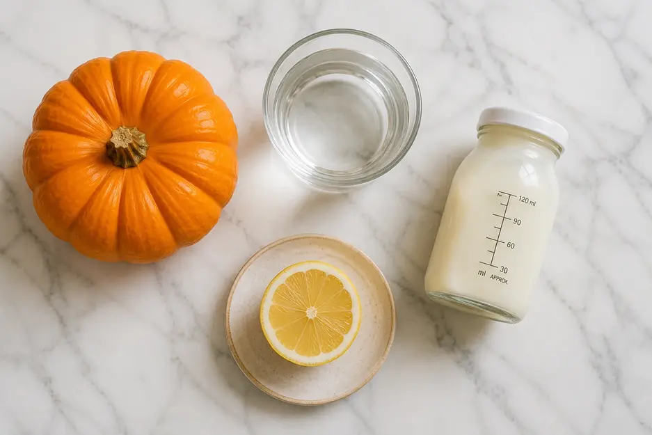 "Pumpkin Puree for Baby ingredients arranged on a white marble surface, featuring a sugar pumpkin, glass of water, breast milk bottle, and half lemon in a clean flat lay."