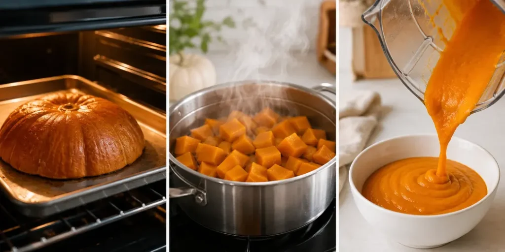 "Pumpkin Puree for Baby step-by-step cooking guide showing a sugar pumpkin roasting in the oven, pumpkin chunks steaming, and smooth pumpkin puree pouring into a white bowl."