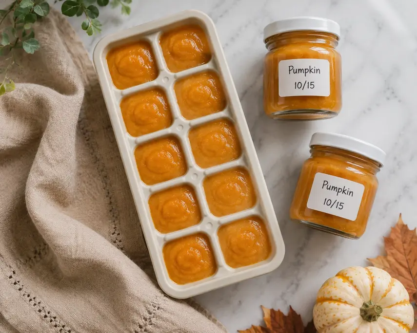 "Pumpkin Puree for Baby storage guide showing pumpkin puree frozen in a silicone ice cube tray and labeled glass jars on a white marble surface."