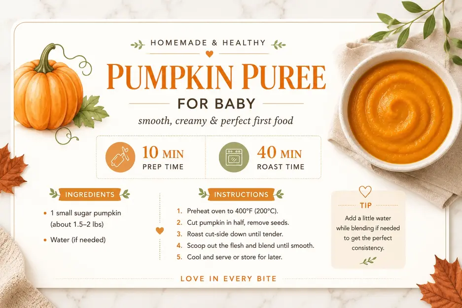 "Pumpkin Puree for Baby recipe card featuring prep time, roast time, ingredients, and step-by-step instructions on a clean landscape layout with a bowl of pumpkin puree."