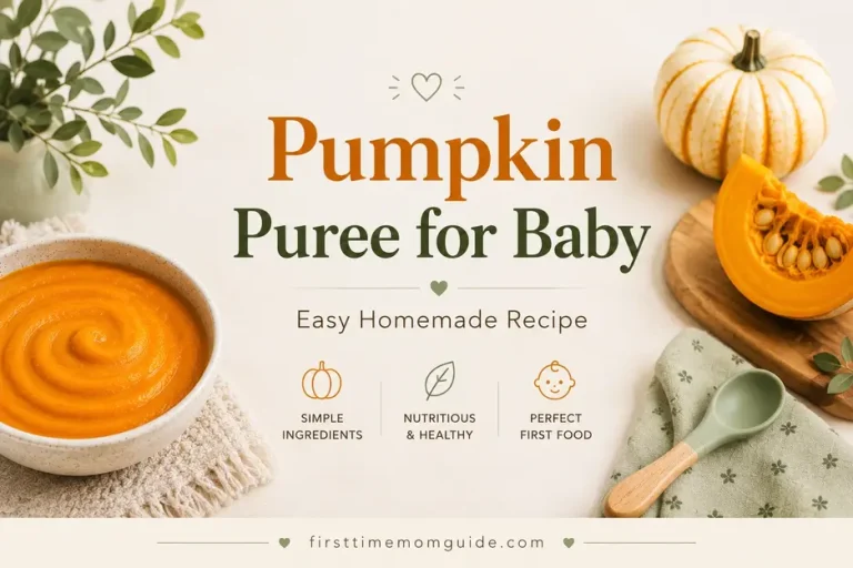 Pumpkin Puree for Baby Easy Homemade Recipe featured image showing smooth homemade pumpkin puree in a ceramic bowl with fresh pumpkin, baby spoon, and neutral kitchen styling.