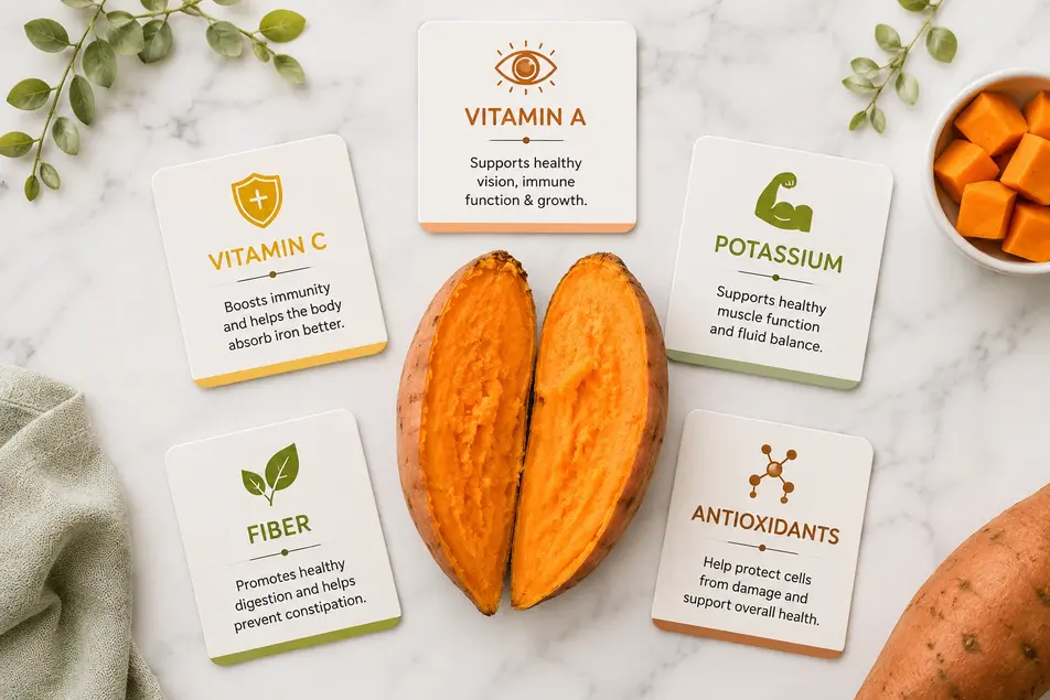 Sweet potato nutrition infographic showing vitamin A, vitamin C, potassium, fiber, and antioxidants for healthy baby development.