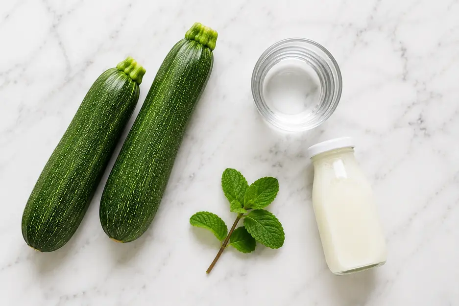 "Flat lay of ingredients for homemade zucchini puree for baby featuring two fresh zucchinis, a small glass of water, a bottle of breast milk, and a sprig of fresh mint on a white marble surface in soft natural light."