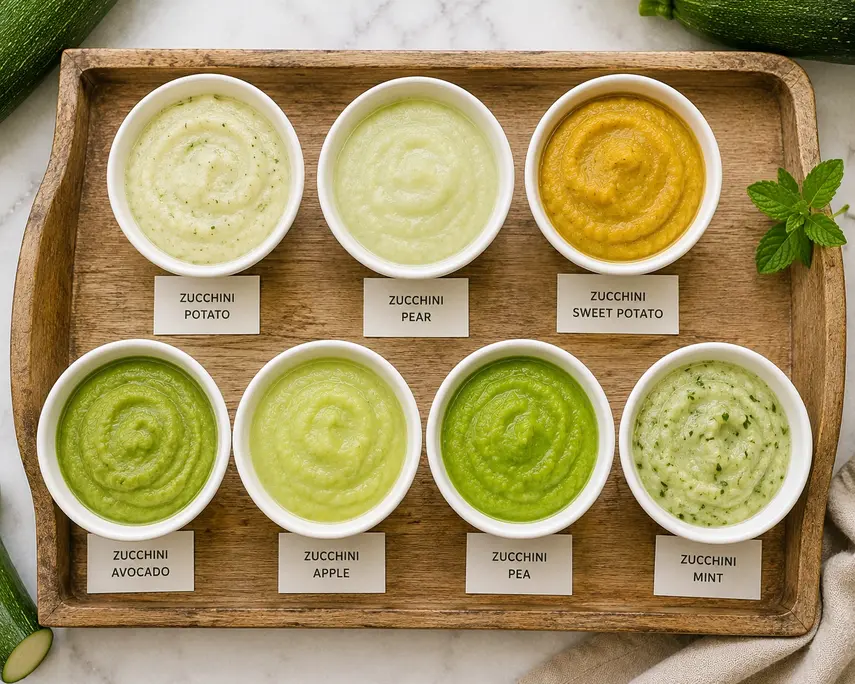 "Overhead flat lay of seven homemade zucchini puree for baby combinations in white ceramic bowls, including zucchini with potato, pear, sweet potato, avocado, apple, peas, and mint on a rustic wooden tray in natural light."
