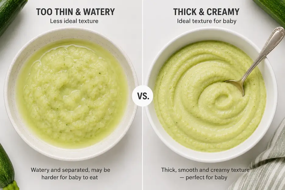 "Split comparison of homemade zucchini puree for baby showing a watery, separated puree beside a thick, smooth, creamy zucchini puree in white bowls on a clean white background."