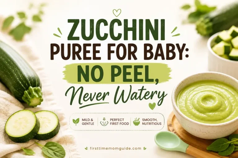 Zucchini Puree for Baby: No Peel, Never Watery featured image with creamy homemade zucchini puree, fresh zucchini, and bold recipe title.