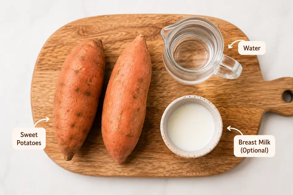 Ingredients for sweet potato puree for baby including fresh sweet potatoes, water, and optional breast milk on a wooden board.