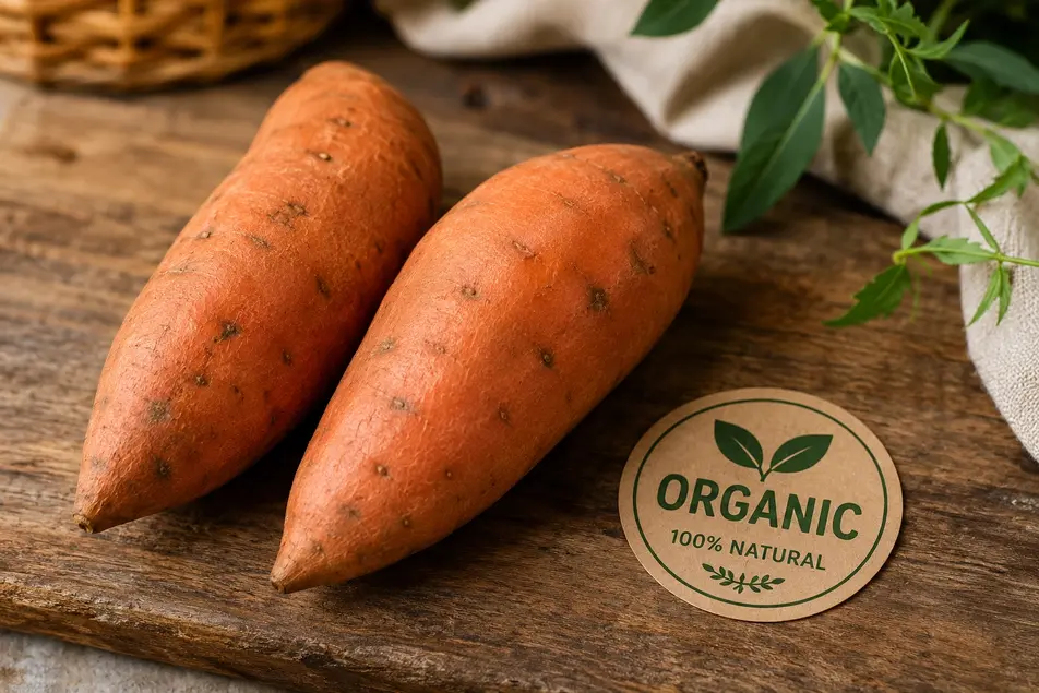 Fresh orange sweet potatoes on a wooden board with an organic label, ideal for making healthy homemade sweet potato puree for baby.