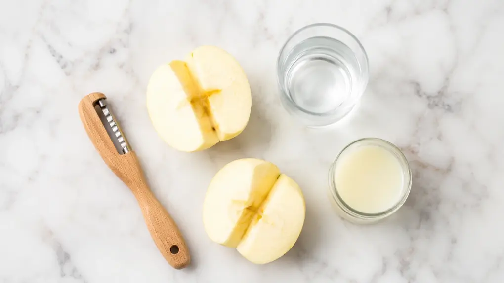 Overhead flat lay of peeled and quartered apples, a glass of water, breast milk in a small jar, and a wooden peeler on white marble.
