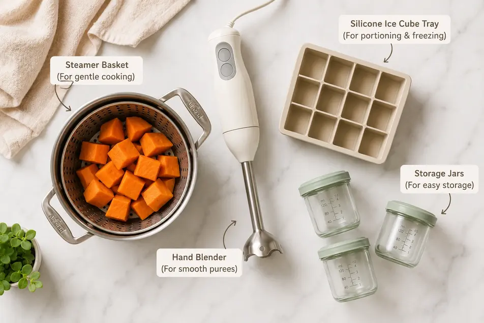 Essential baby food equipment including a steamer basket, hand blender, ice cube tray, and storage jars for homemade baby puree.