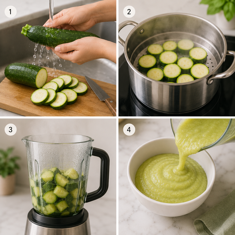 "Four-step guide showing how to make zucchini puree for baby by washing and slicing fresh zucchini, steaming the rounds, blending until smooth, and pouring the finished pale green puree into a white ceramic bowl."