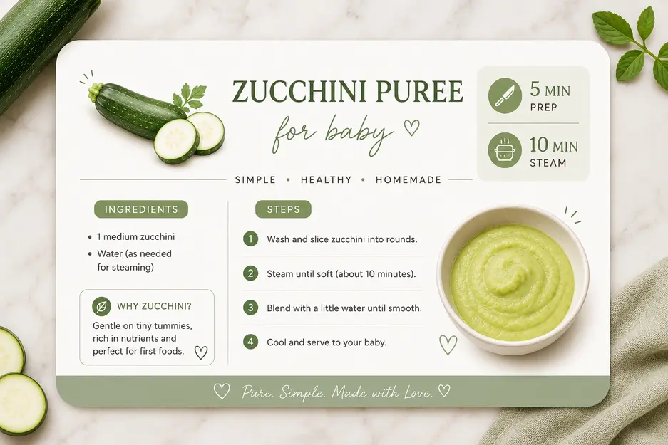 Homemade zucchini puree for baby recipe card with 5-minute prep, 10-minute steam time, simple ingredients, and easy step-by-step instructions.