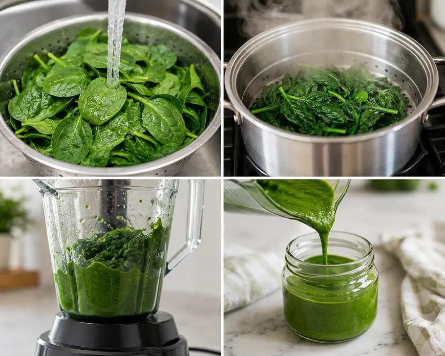 Four-step process for making spinach puree for baby, showing fresh spinach being washed, steamed, blended, and poured into a storage jar.