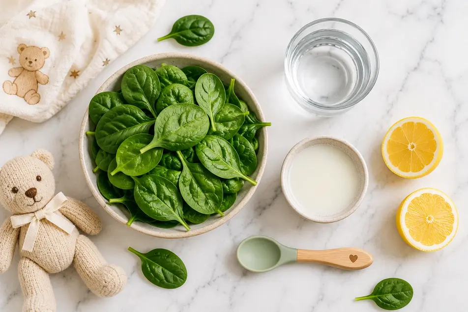 Fresh baby spinach leaves with water, breast milk, lemon, and a baby spoon arranged on a marble surface, healthy ingredients for homemade spinach puree for baby.