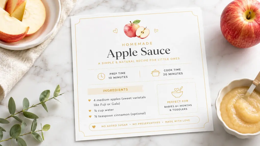 Apple puree recipe card on a marble surface with apple slices, a whole apple, and a small bowl of puree in a clean flat lay.