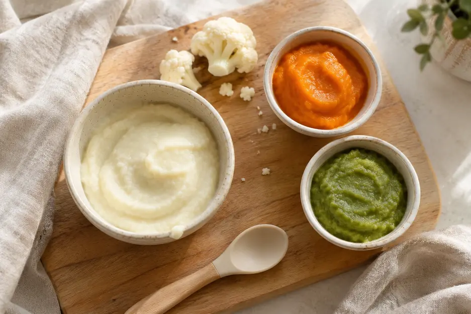 Cauliflower puree for baby served with colorful vegetable purees and soft cauliflower florets on a wooden board in natural kitchen light.