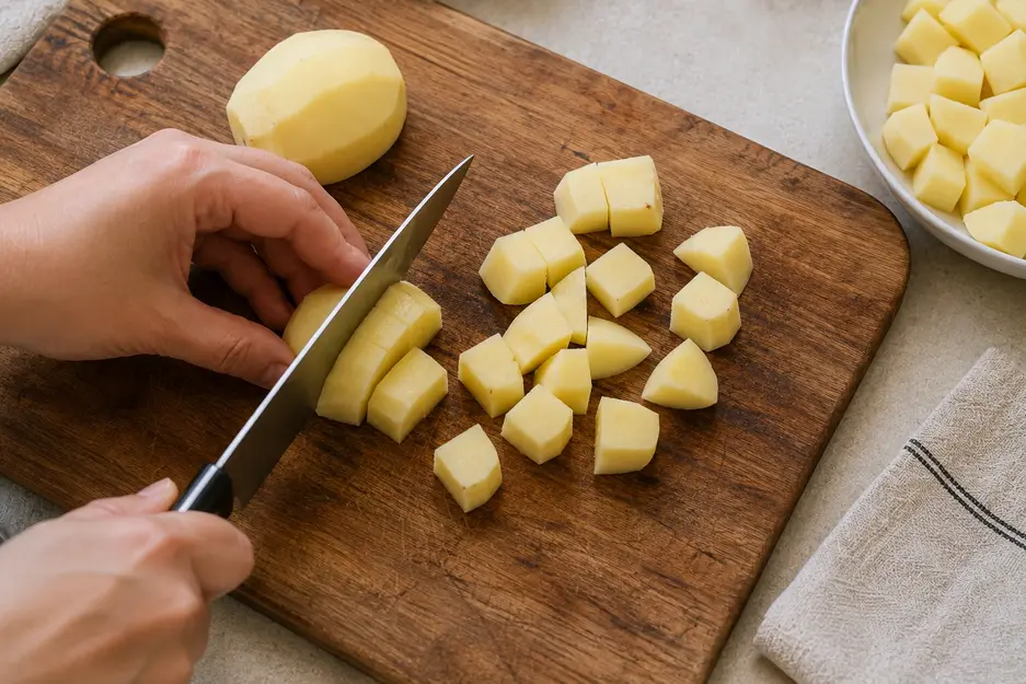 Potato puree for baby preparation showing a peeled potato cut into even cubes on a wooden board before cooking.