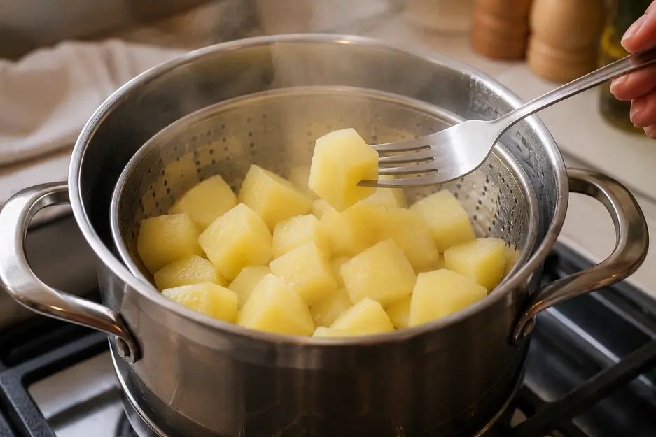 Potato puree for baby preparation showing soft potato cubes steaming in a saucepan and being tested with a fork for tenderness.