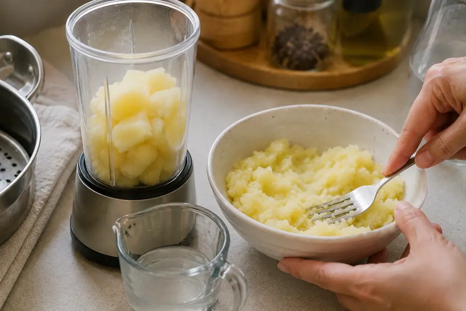 Potato puree for baby preparation showing soft cooked potatoes ready to blend or gently mash with a fork for the desired texture.